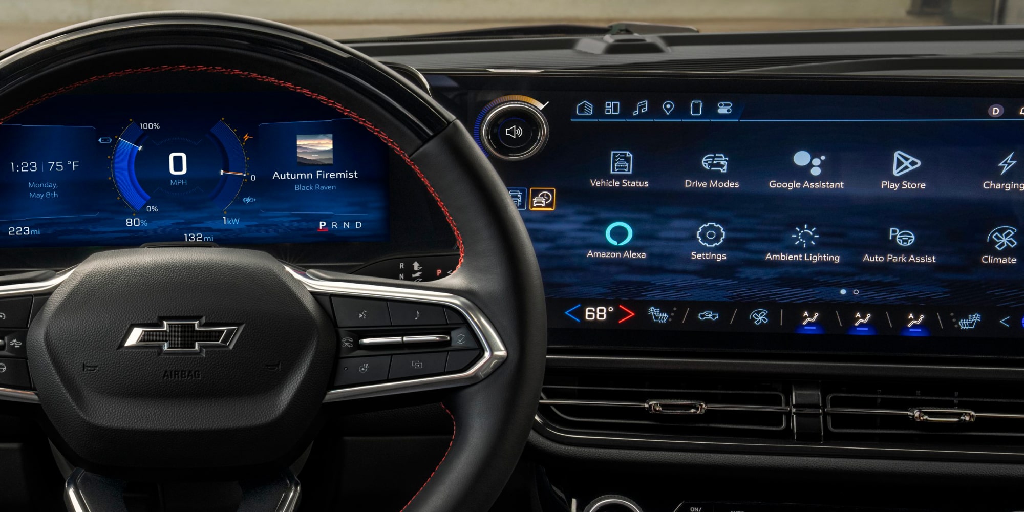Vue du conducteur sur l'intérieur avant du Chevrolet Equinox VÉ 2025.