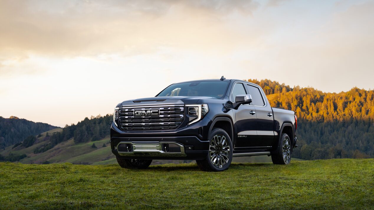Front-side view of the 2024 GMC Sierra 1500 parked on a lush green area.