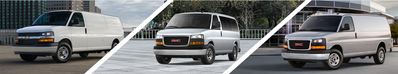 Three GM Envolve cargo vans parked in different environments.
