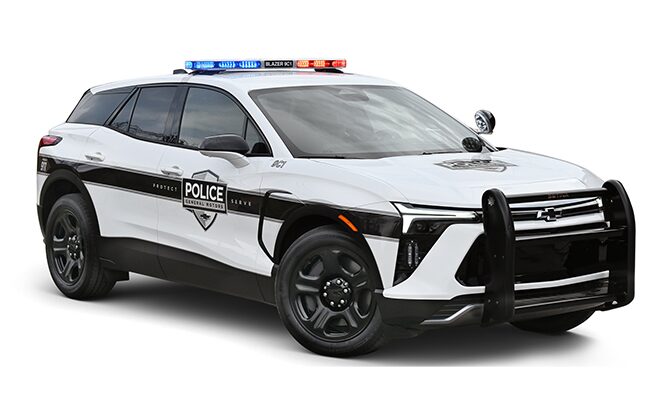 A 2026 Chevrolet Blazer EV Police Protection Vehicle in three-quarters view
