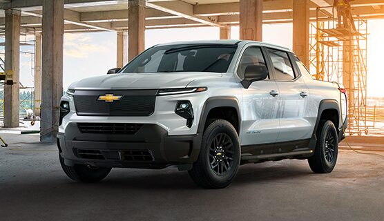 2025 Chevrolet Silverado EV parked in three-quarter view on a job site