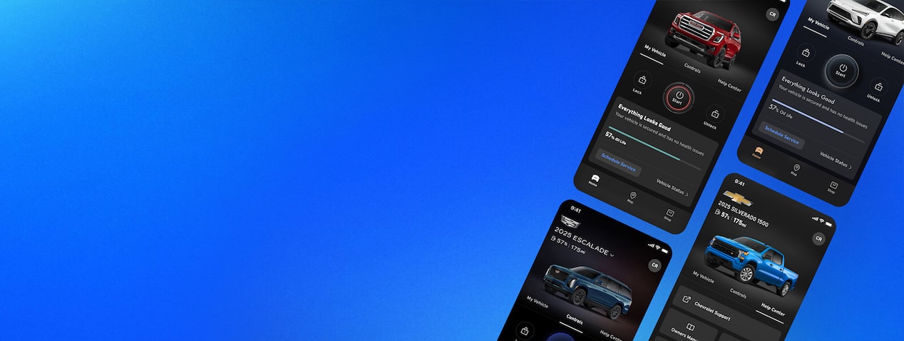 Four black smartphones displaying each of the GM Brands Mobile App.