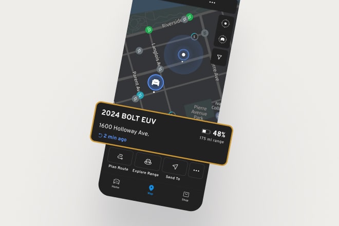 A smarthphone displaying an EV charing map on the vehicle Mobile App.