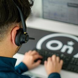 Bird's eye view of a male OnStar advisor wearing his headset and typing on his keyboard